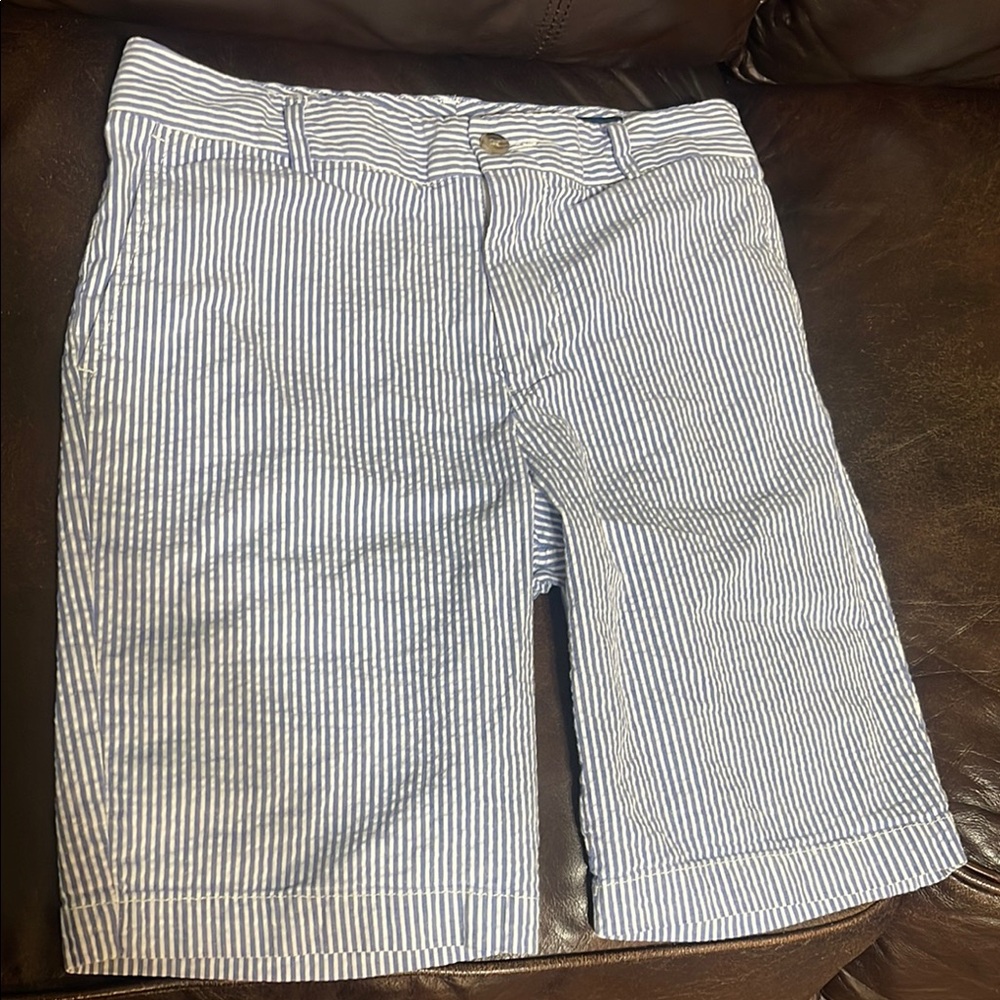 Blue and White Striped Bermuda Shorts Lightweight Cotton Blend